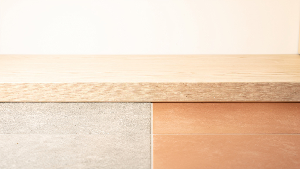 A pale oak counter edge meeting warm tile flooring in even light